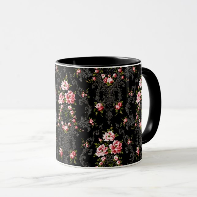 Taza Elegante fondo rococó floral-negro francés (Anverso derecho)