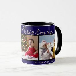 Taza Elegante Galería de 3 Fotos Feliz Navidad Azul Osc