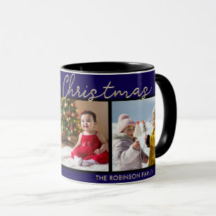 Taza Elegante Galería de 3 Fotos Feliz Navidad Azul Osc
