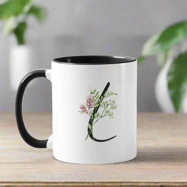 Taza Elegante Letra inicial L Hojas Botánicas Florales (Subido por el creador)