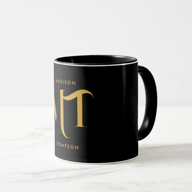 Taza Elegante letras de inicio de monograma negro y dor (Anverso derecho)