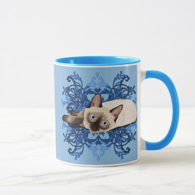 Taza Elegante línea floral azul siamesa de gatos Bonito (Derecha)