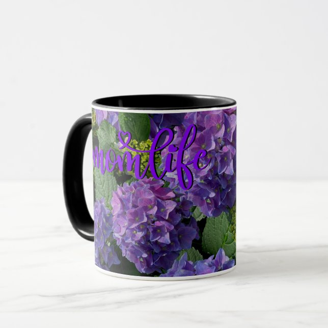Taza Elegante magenta púrpura azul verde hidrangea flor (Anverso izquierdo)