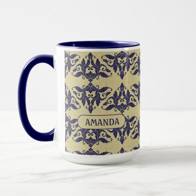 Taza Elegante marina adamascada vintage Monograma amari (Izquierda)