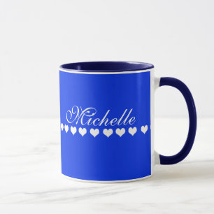 Taza Elegante Monograma Corazones Blancos Azul Real