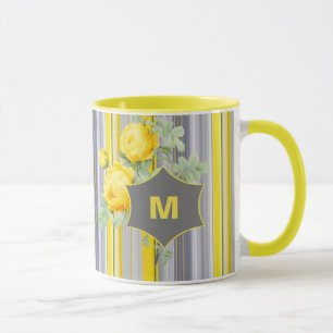 Taza Elegante Monograma De Gris Amarillo Abierto Con Fl