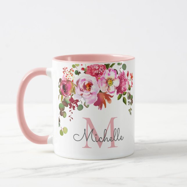 Taza Elegante Monograma Floral de Rosa Rosa para Chicas (Izquierda)