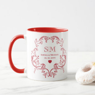 Taza Elegante Monograma Floral Rojo de Bodas y Aniversa