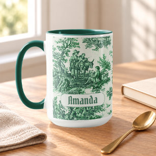 Taza Elegante Monograma Floral Toile Verde Vintage