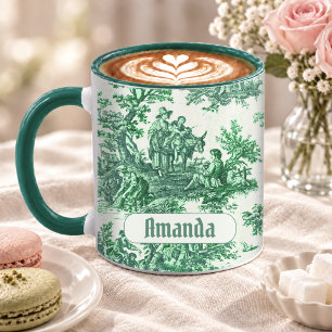 Taza Elegante Monograma Floral Toile Verde Vintage