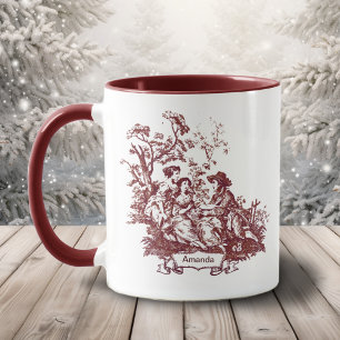 Taza Elegante Monograma Rojo Vintage Toile de Jouy