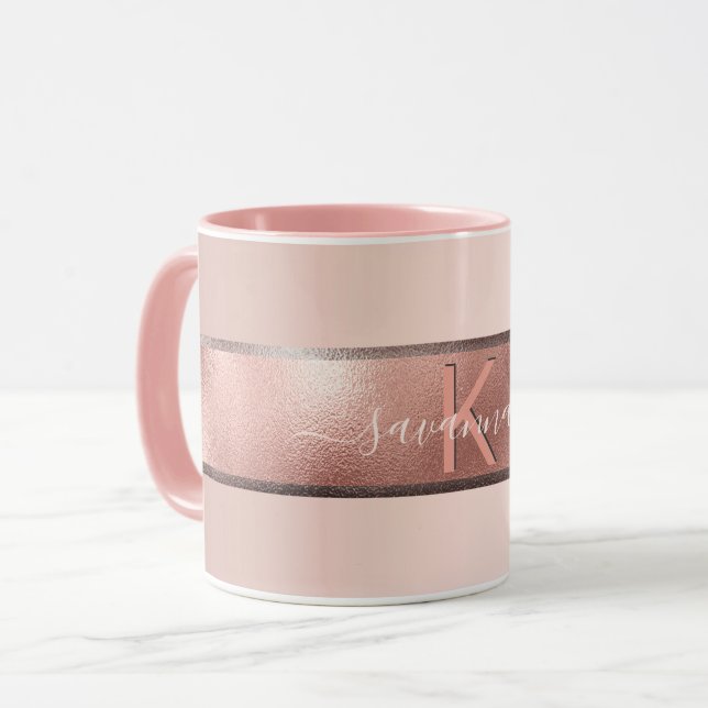 Taza elegante monograma rosa dorado Rosa (Anverso izquierdo)