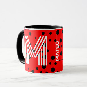 Taza Elegante Monograma y Nombre Moderno   Café Rojo y 