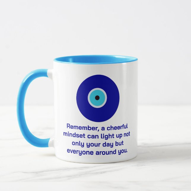 Taza Elegante Motivación Buenos Vibes Azul Mal Ojo Arte (Izquierda)