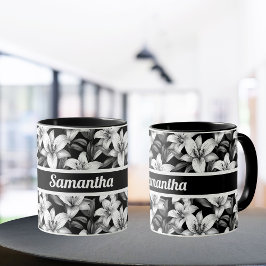 Taza Elegante Mug Personalizada Floral Negra y Blanca