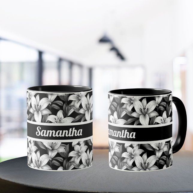 Taza Elegante Mug Personalizada Floral Negra y Blanca (Subido por el creador)