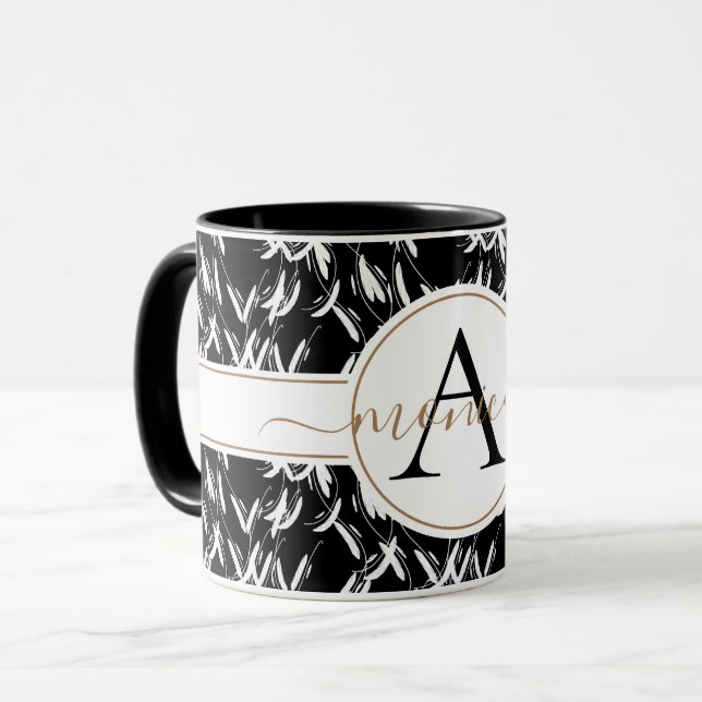 Taza Elegante negro abstracto dorado floral monogramado (Anverso izquierdo)