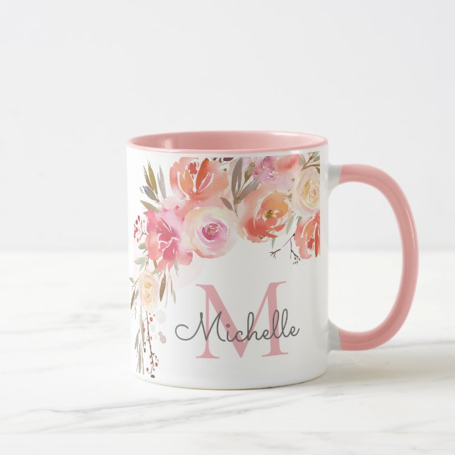 Taza Elegante Pastel Peach Rosa Floral Rosa Rosa Monogr (Derecha)