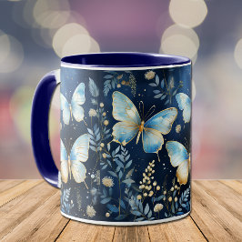 Taza Elegante patrón de mariposa azul dorado en la mari