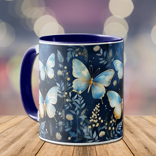 Taza Elegante patrón de mariposa azul dorado en la mari (Subido por el creador)