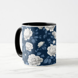 Taza Elegante patrón floral blanco rosa azul marino