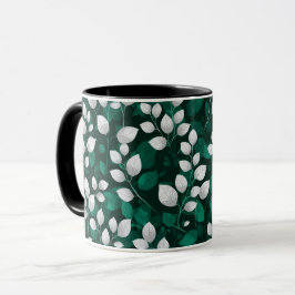 Taza Elegante patrón floral de hoja esmeralda blanca