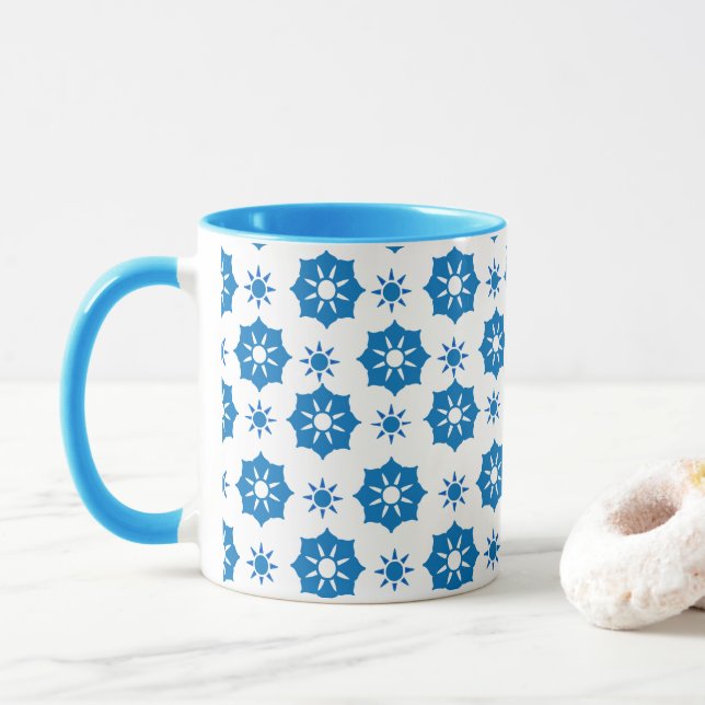 Taza Elegante Patrón Geométrico Floral Azul Y Blanco (Con donut)