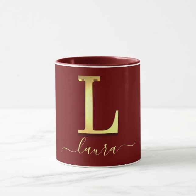 Taza Elegante Personalizado dorado Monograma L Nombre (Centro)