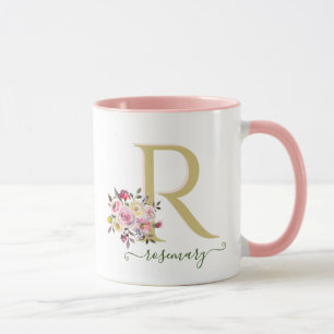 Taza Elegante Personalizado floral dorado rosa Monogram