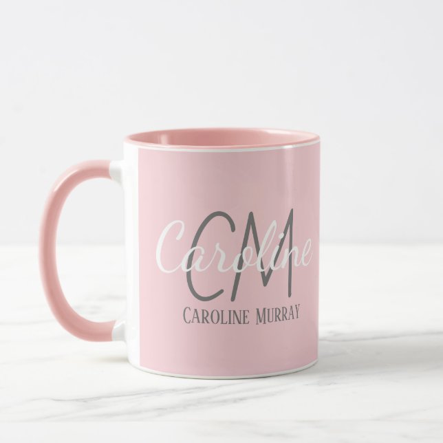 Taza Elegante Personalizado rosa blanco Monograma Nombr (Izquierda)