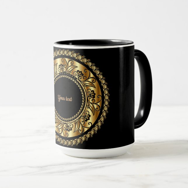 Taza Elegante plantilla de ornado negro y oro (Anverso derecho)