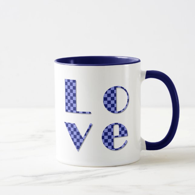 Taza Elegante Plaza de AMOR en letras de cuadros azules (Derecha)