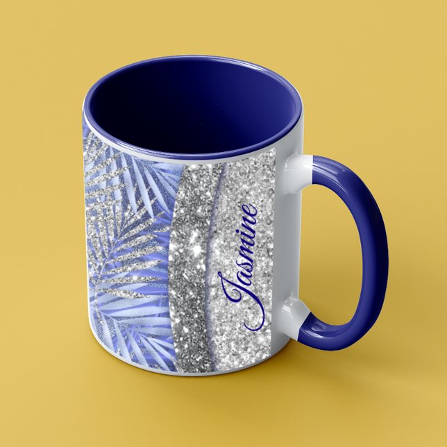 Taza Elegante purpurina azul morado de plata hojas mono (Subido por el creador)