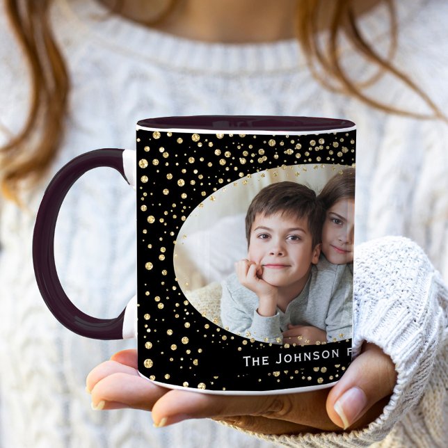 Taza Elegante Purpurina negro dorado  Navidades de foto (Elegant Gold Black Glitter Dots Photo Christmas Mug)