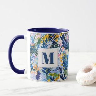 Taza Elegante Real Azul Resumen Botánico Monogramado