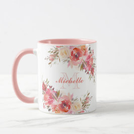 Taza Elegante Rosa Pastel Rosa Rosa Monograma Floral
