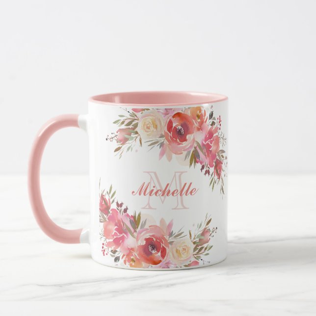 Taza Elegante Rosa Pastel Rosa Rosa Monograma Floral (Izquierda)