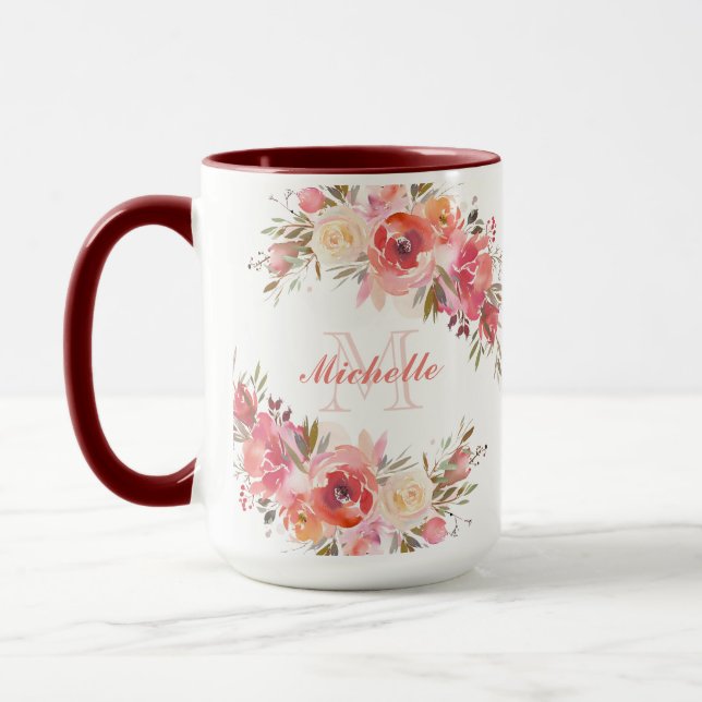 Taza Elegante Rosa Pastel Rosa Rosa Monograma Floral (Izquierda)