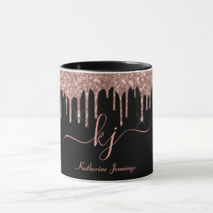 Taza Elegante Rosa Purpurina dorado goteo 2 guión monog