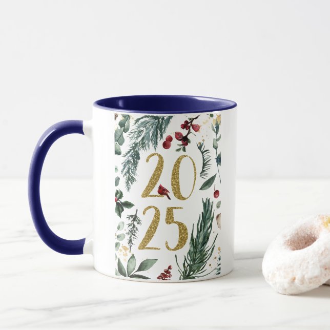Taza Elegante Tarjeta Rustica Azul 2025 de Año Nuevo (Con donut)