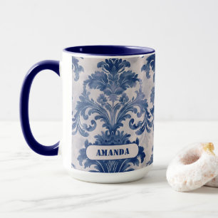 Taza Elegante Toile de Jouy Damask Monograma Azul