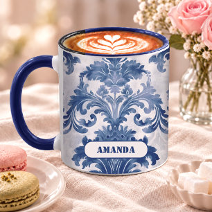 Taza Elegante Toile de Jouy Damask Monograma Azul
