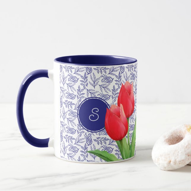 Taza Elegante Tulipanes Rojos Primavera Floral Azul Mon