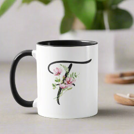 Taza Elegante y moderno guión negro inicial "F" floral