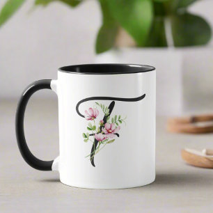Taza Elegante y moderno guión negro inicial "F" floral