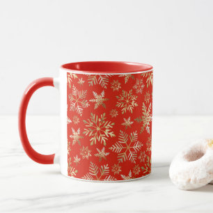 Taza Elegantes Copos de Nieve Dorados Navidad Roja Lava