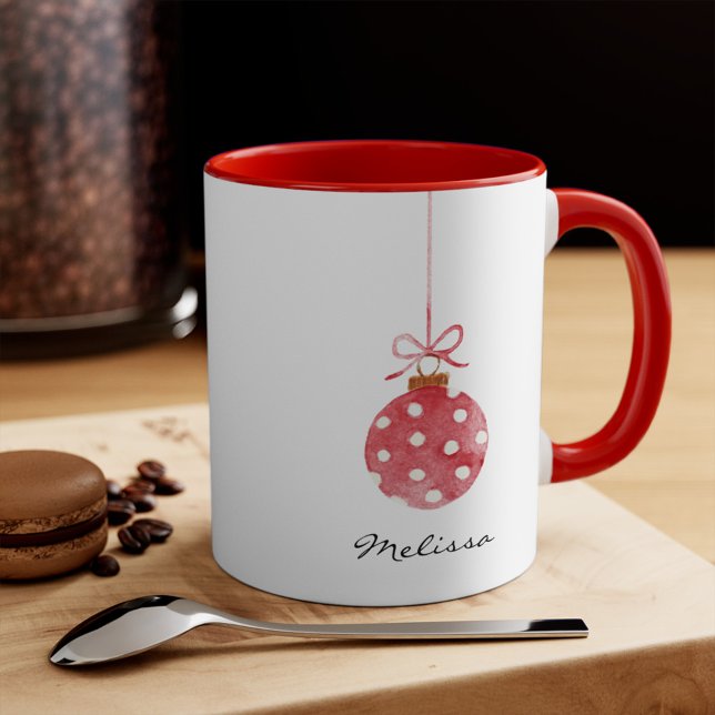 Taza Elegantes Navidades Vacaciones Nombre personalizad (Personalized Ornament Illustration Script 11oz Red Accent Coffee Mug)