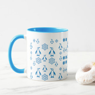 Taza Elegantes Pingüinos Azules Con Patrón De Copos De