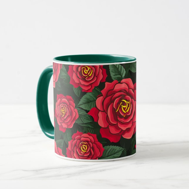 Taza Elegantes rosas rojas con un patrón de hojas verde (Anverso izquierdo)