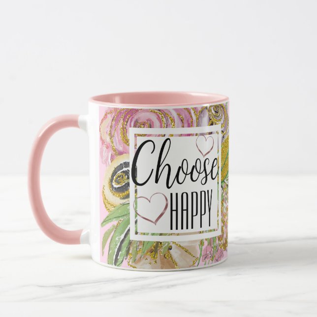 Taza Elegir Rosa feliz Purpurina de oro Floral (Izquierda)